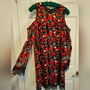 Floral Lace Dress with Red Roses